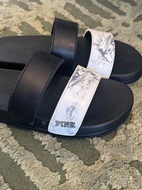 PINK Victoria's Secret Black Slides with White Marble Straps